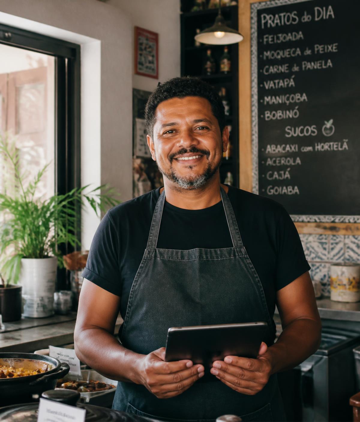 Dono de restaurante usando o Brasoo no tablet